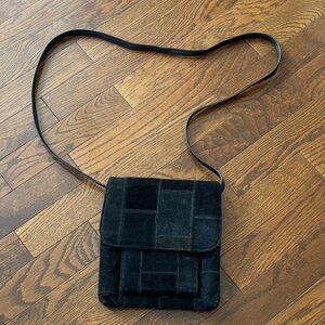 Vintage Black Suede Patchwork Crossbody Bag
